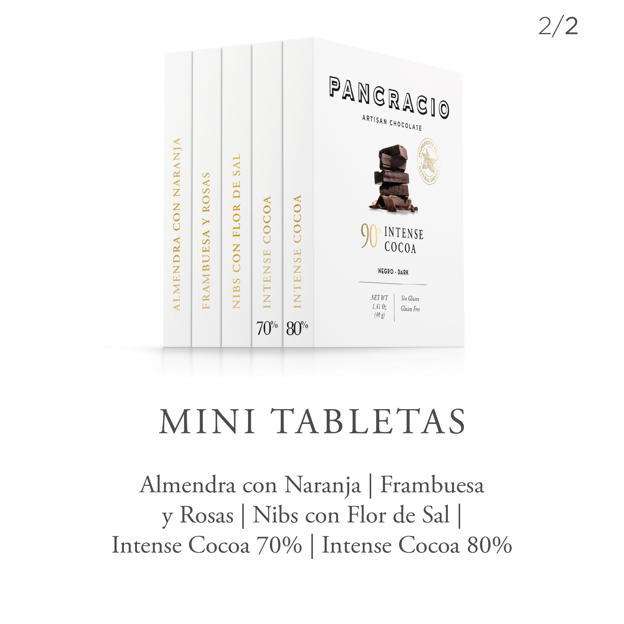 Un conjunto de mini tabletas de chocolates Pancracio, junto a una descripción.