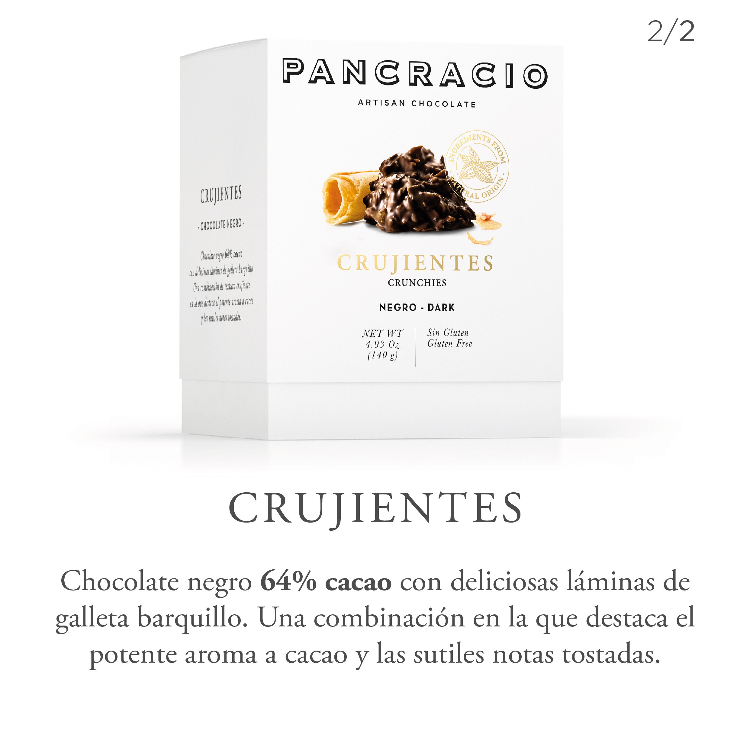 Una caja de crujientes de chocolate negro Pancracio junto a una descripción