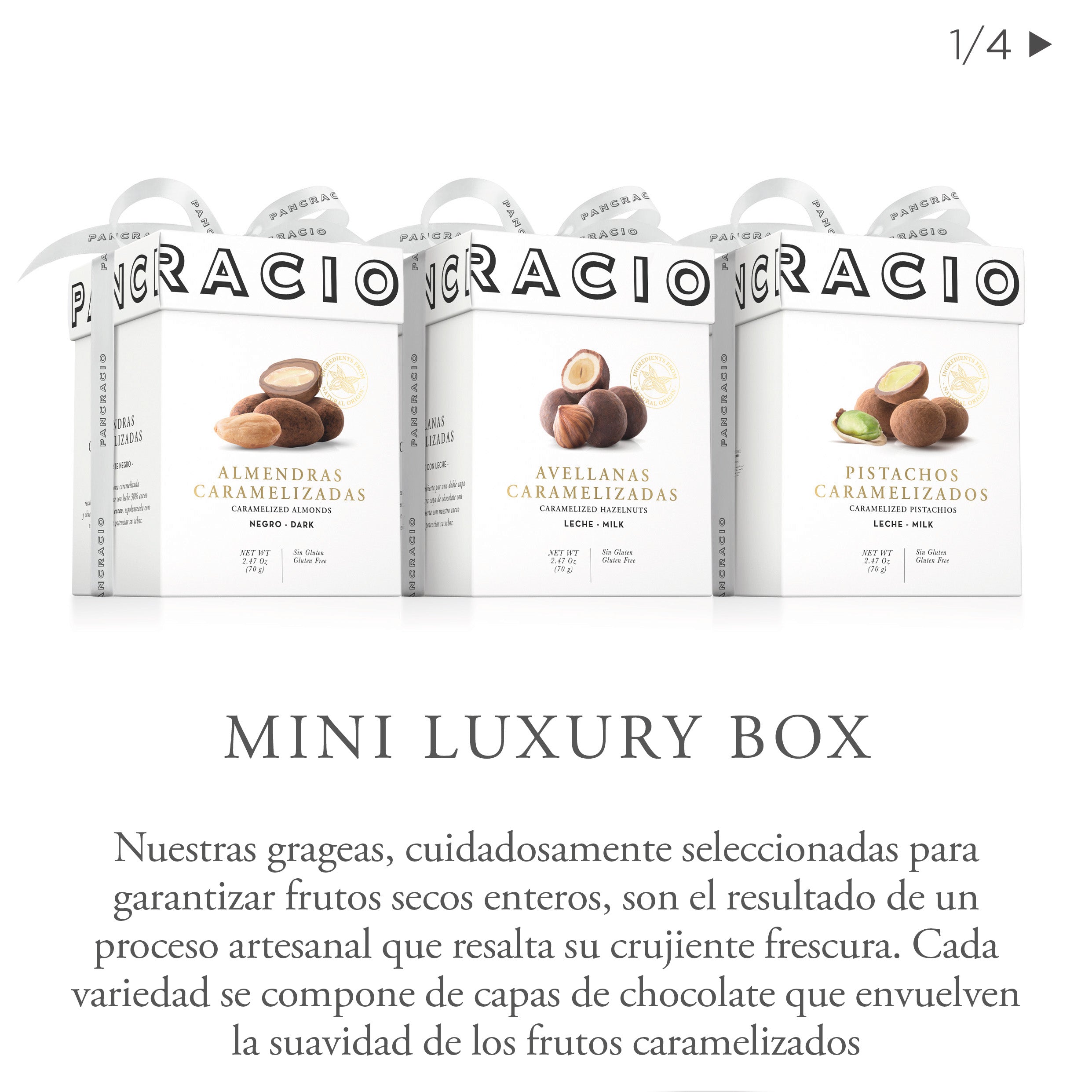 Tres cajas de mini luxury box Pancracio, junto a una descripción.