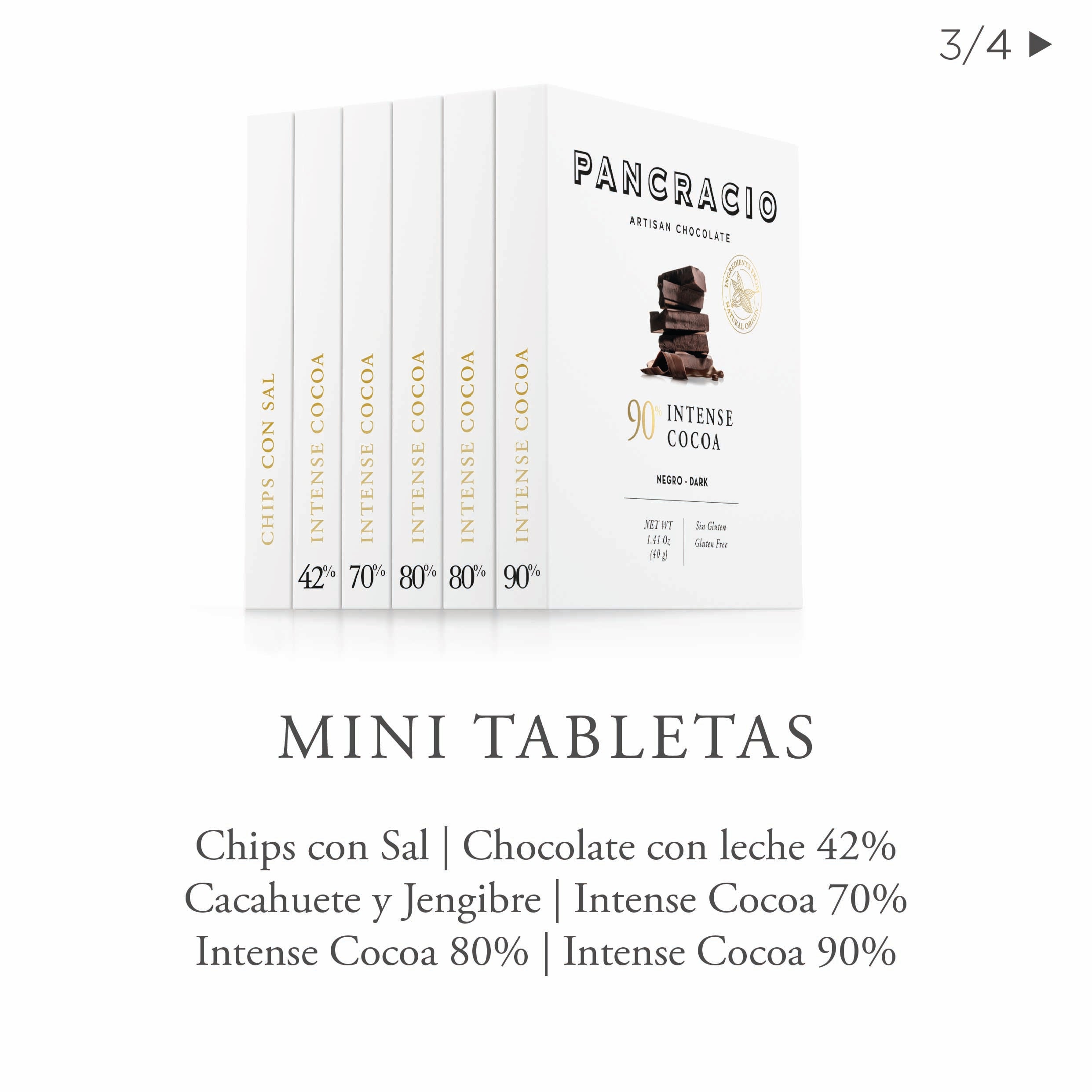 Un conjunto de mini tabletas de chocolate Pancracio junto a una descripción