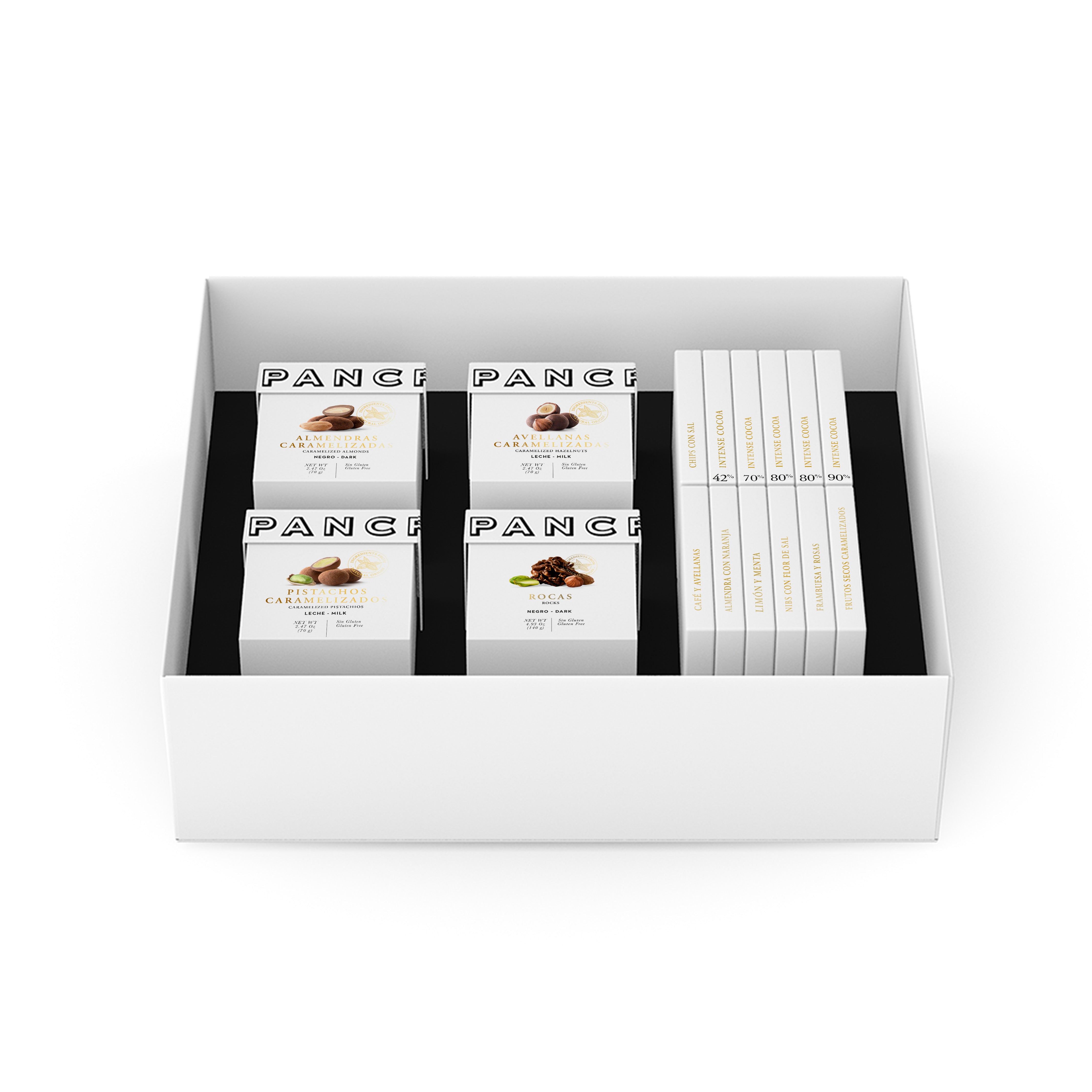 Caja regalo abierta, con cuatro cajas pequeñas de bombones y doce mini tabletas de distintos sabores.