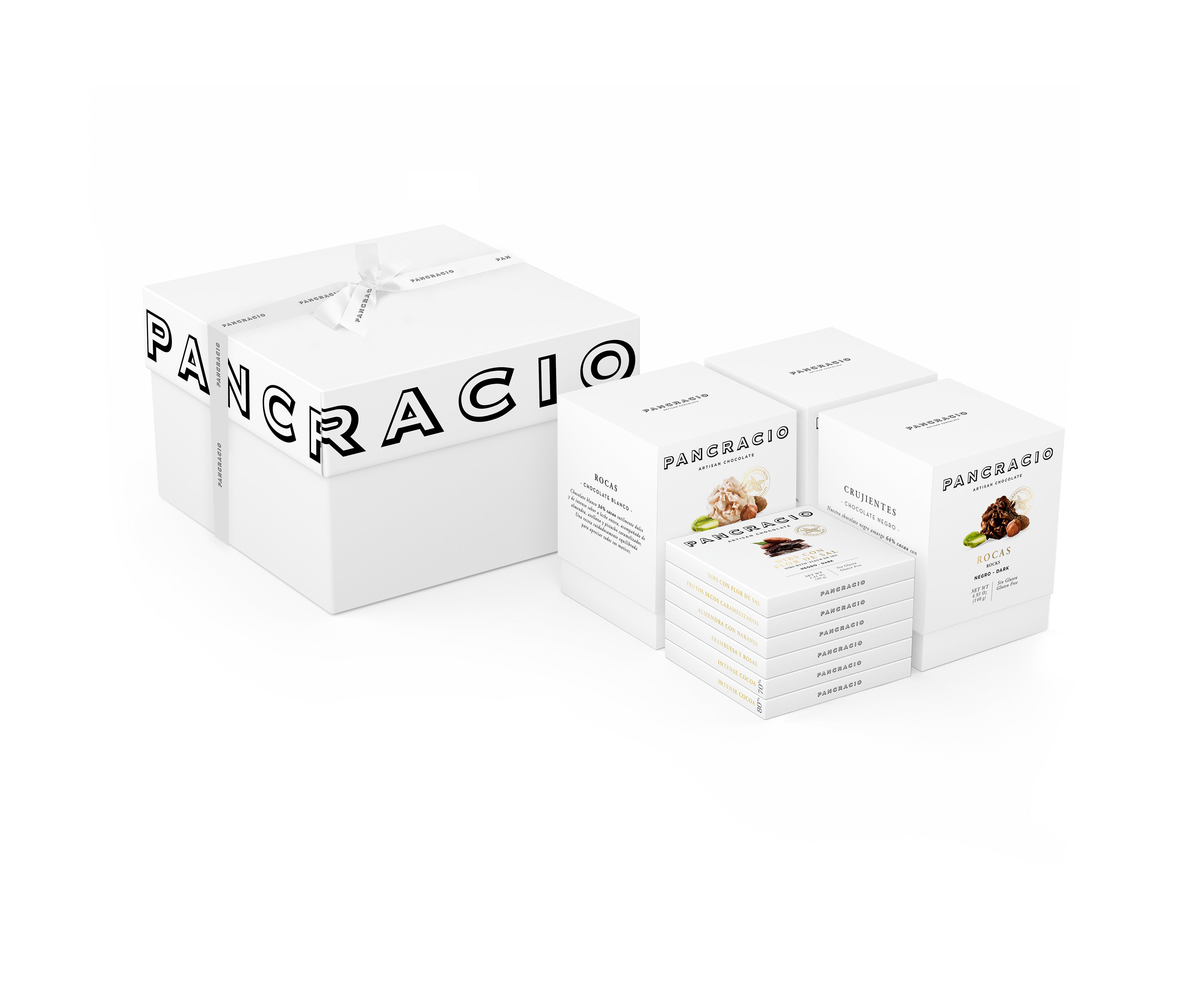 Caja de regalo Azahar, una preciosa caja con un lazo y su contenido, 3 cajas de bombones y 6 mini tabletas