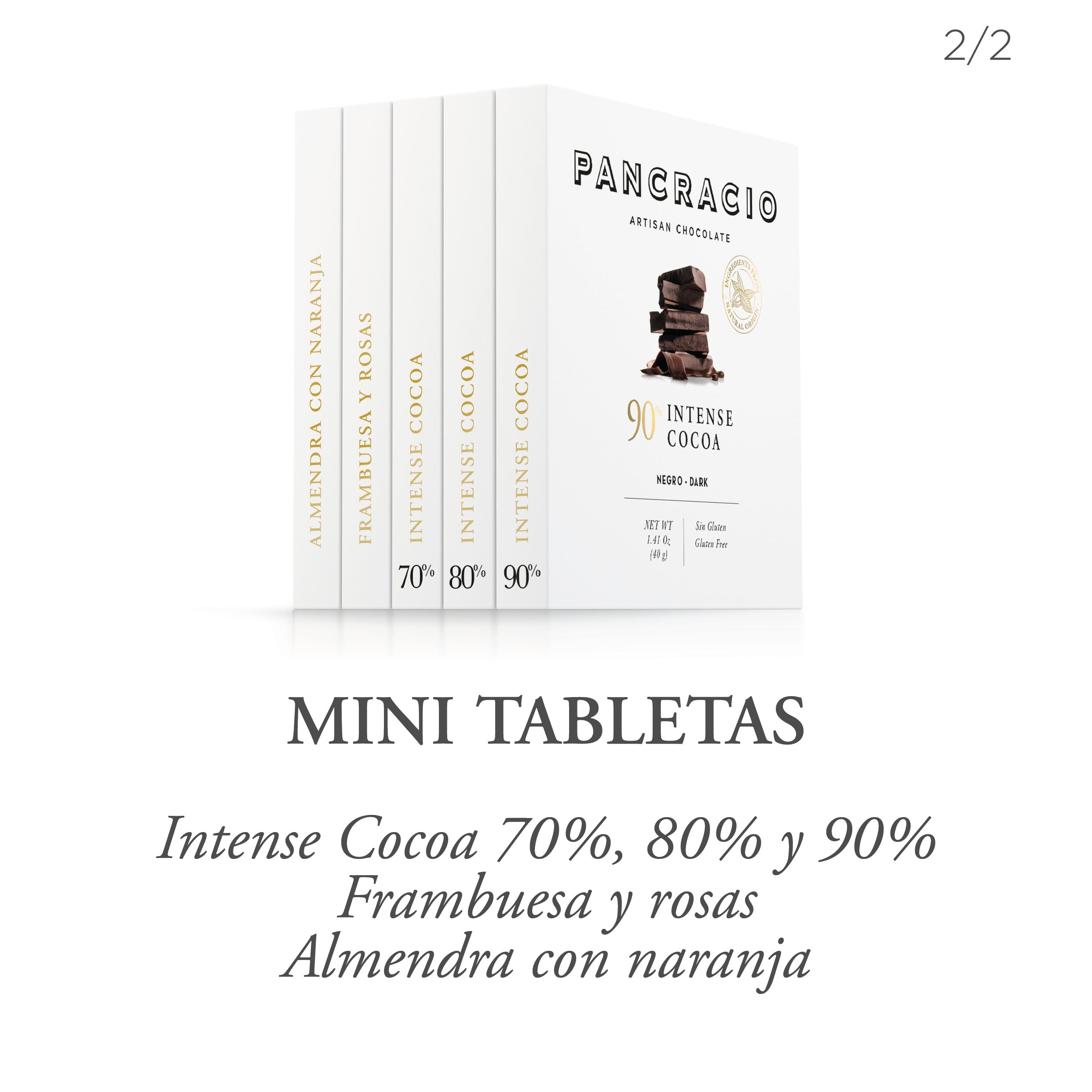 Un conjunto de mini tabletas de chocolates Pancracio, junto a una descripción.