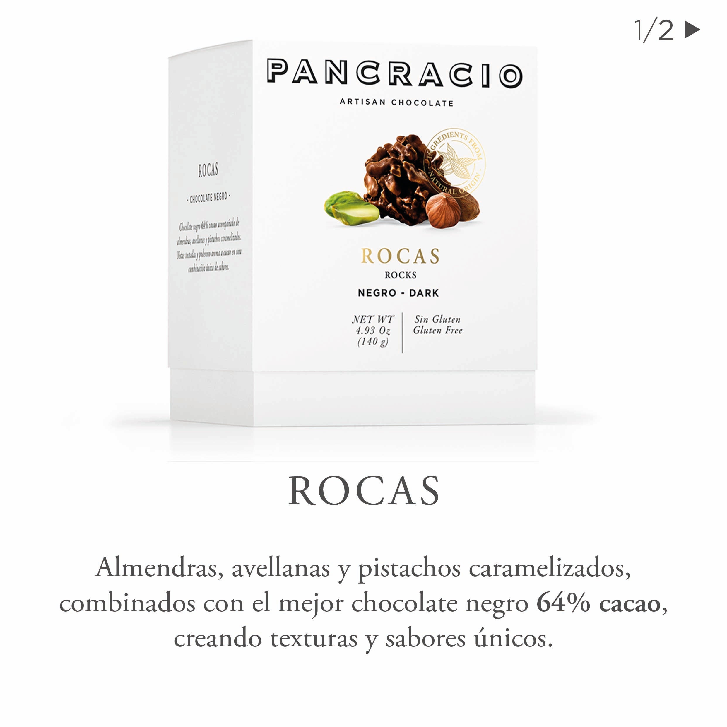 Una caja de rocas de chocolate negro Pancracio junto a su descripción