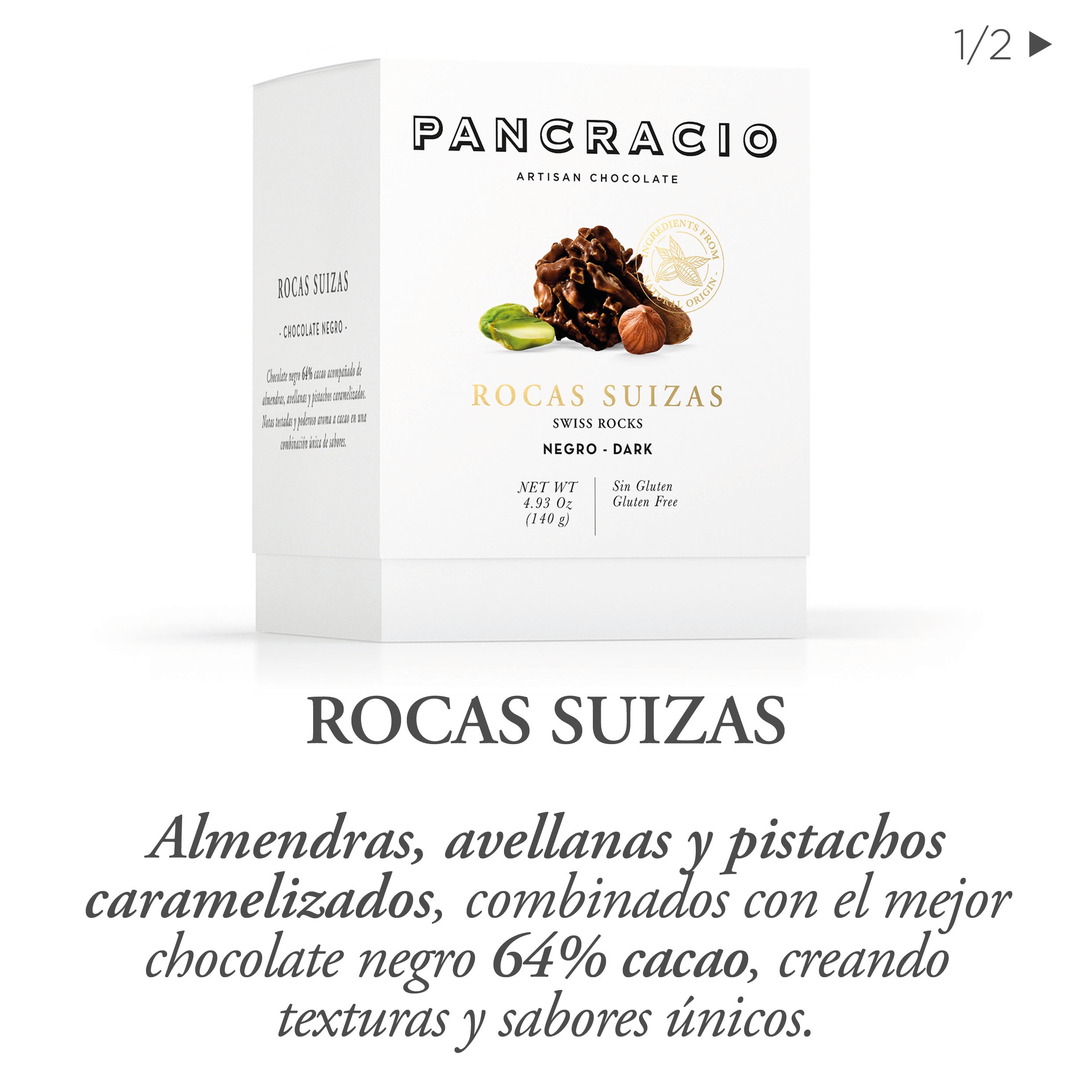 Una caja de rocas suizas de chocolate negro Pancracio junto a una descripción