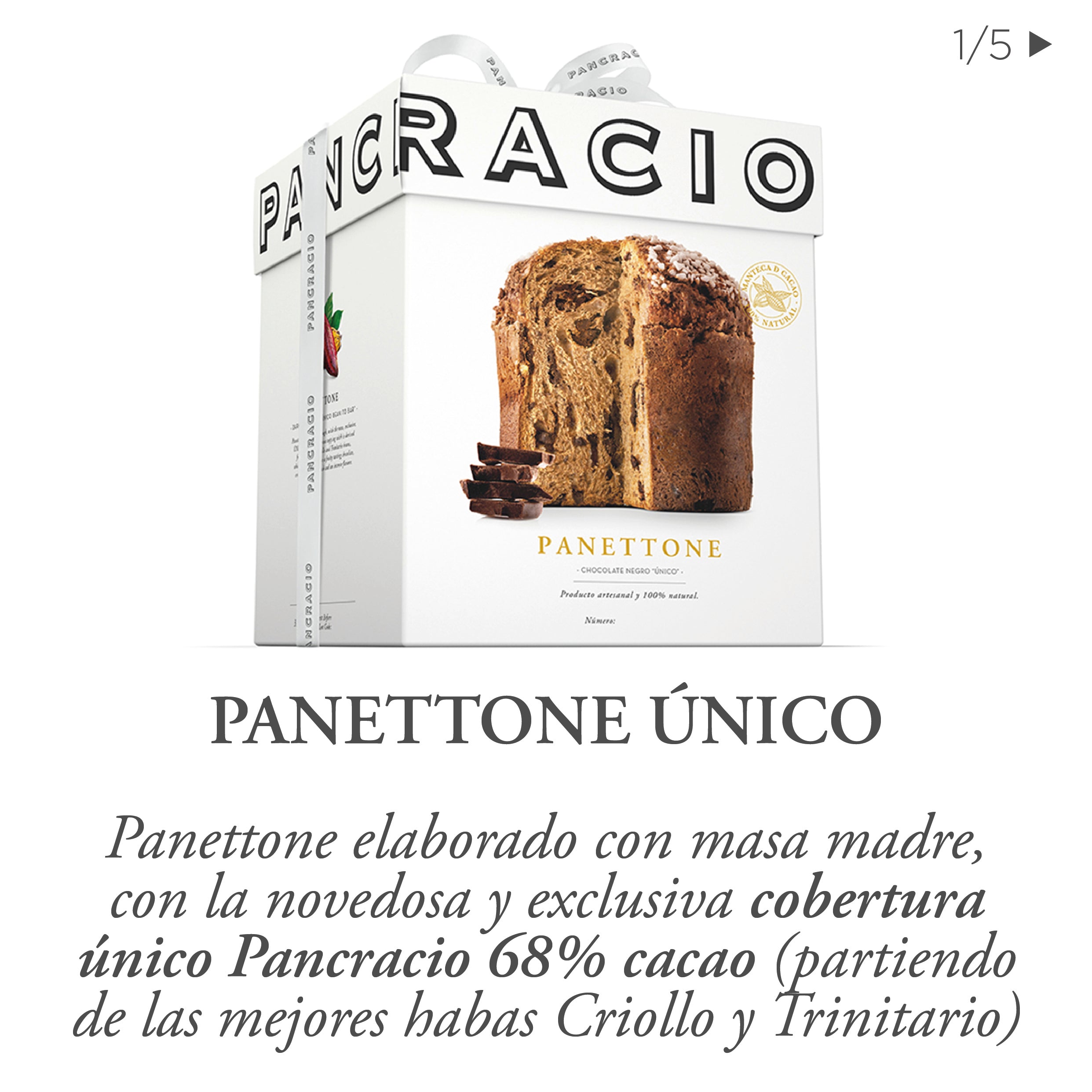 Una caja de panettone único Pancracio junto a una descripción