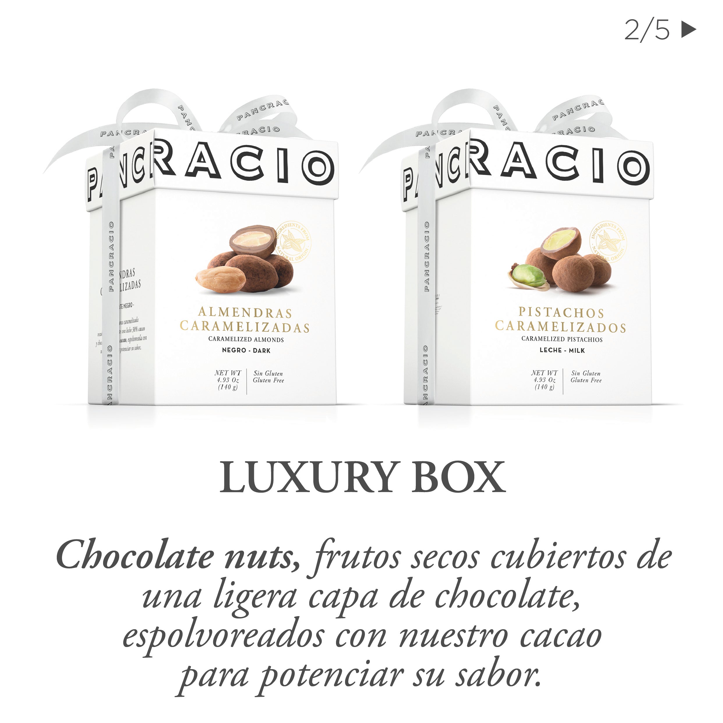 Dos mini luxury box de chocolates Pancracio, junto a una descripción