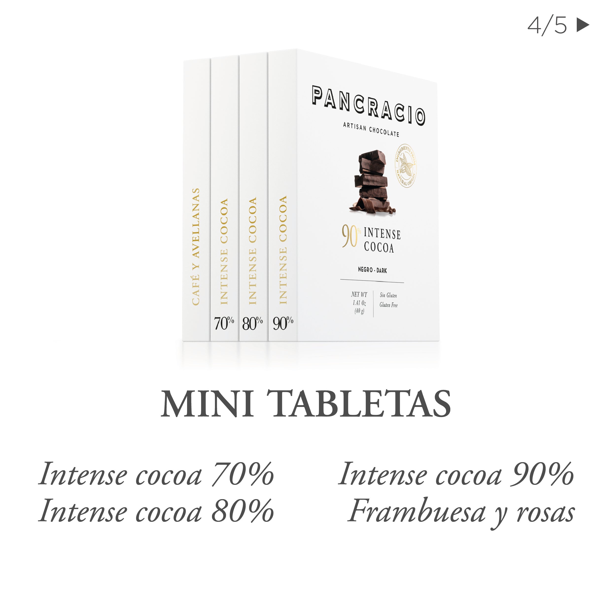 Un conjunto de mini tabletas de chocolates Pancracio, junto a una descripción.