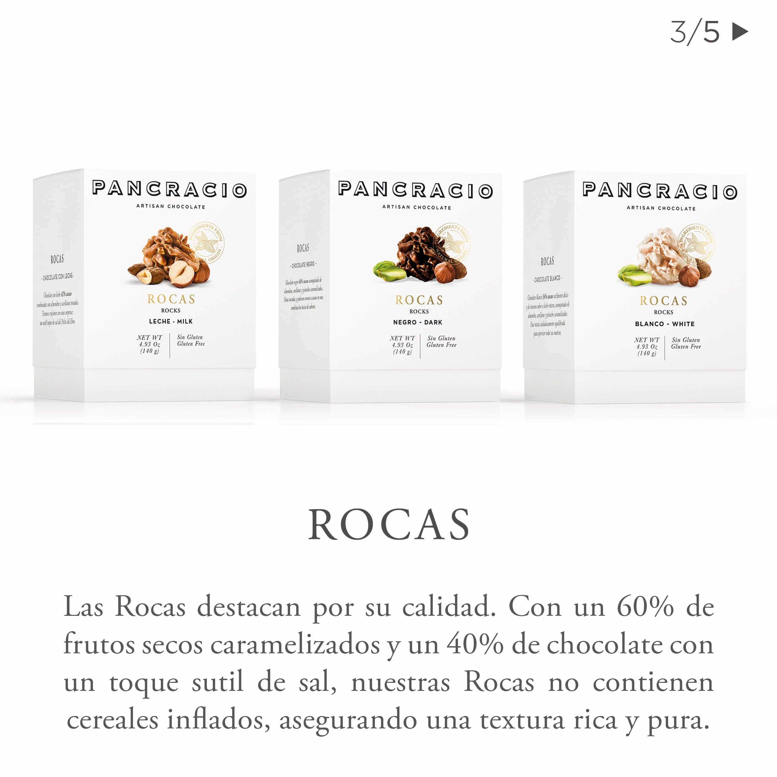 Tres box de rocas de chocolates  Pancracio, junto a una descripción
