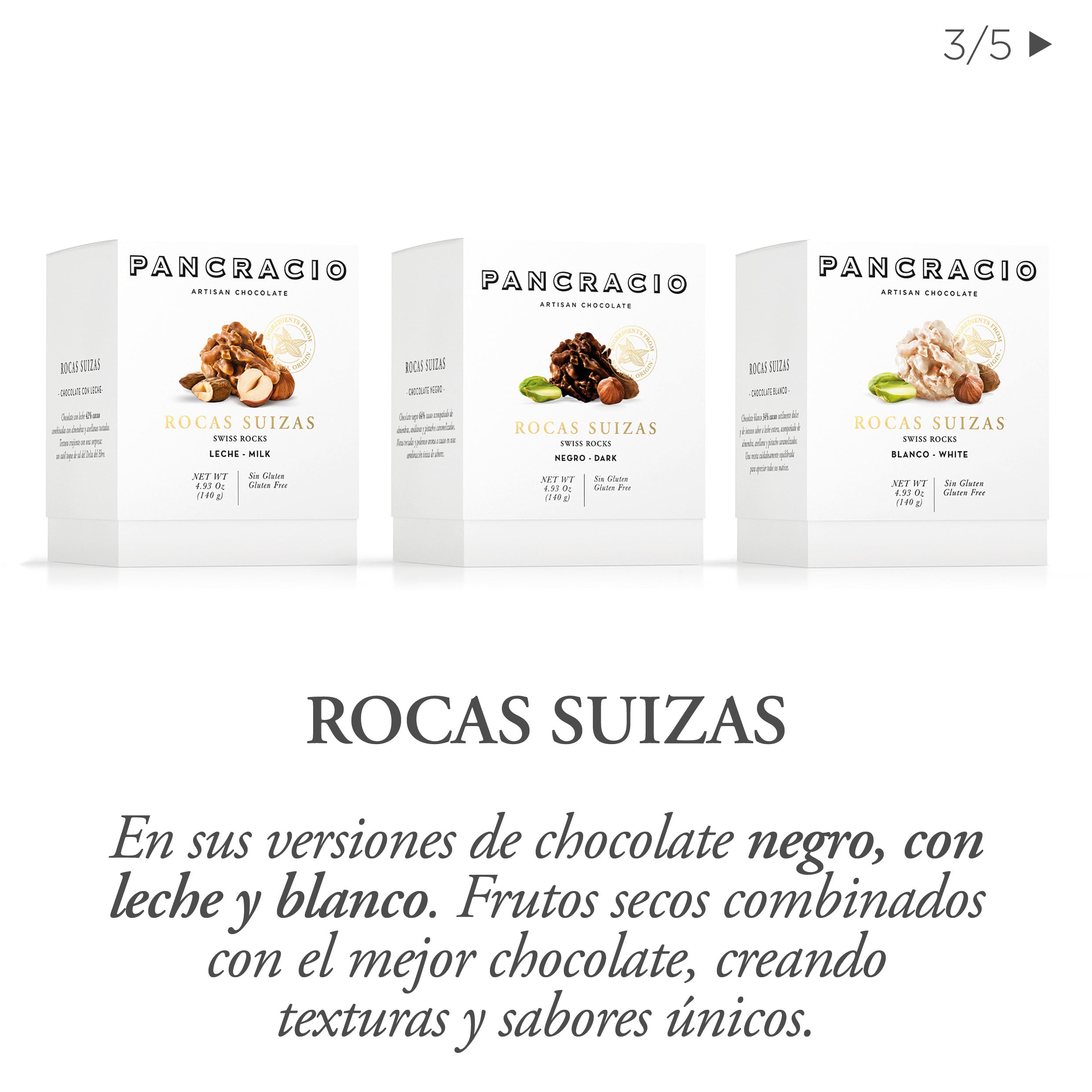 Tres box de rocas suizas de chocolates  Pancracio, junto a una descripción