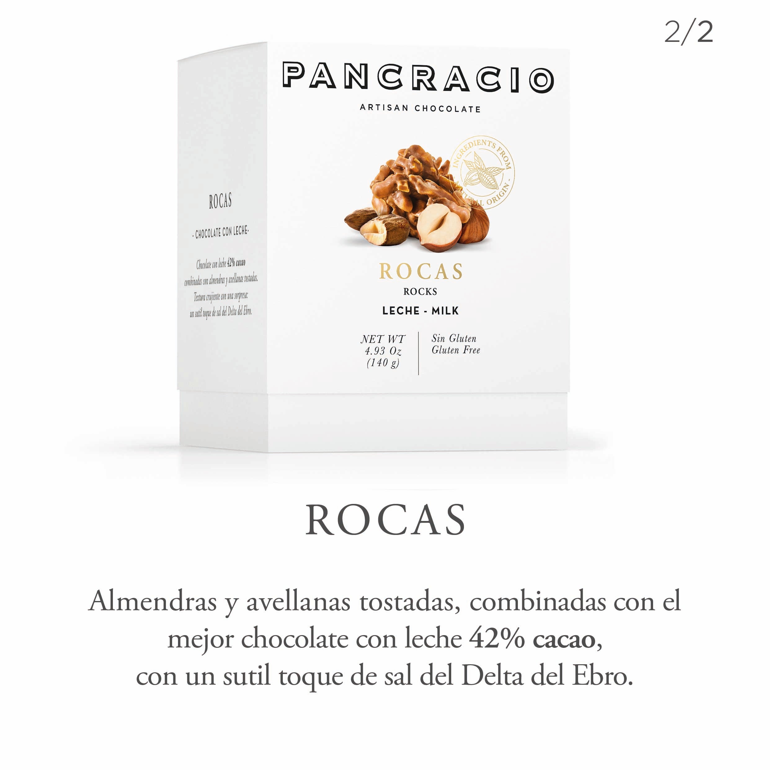 caja de rocas de chocolate con leche Pancracio junto a una descripción del producto