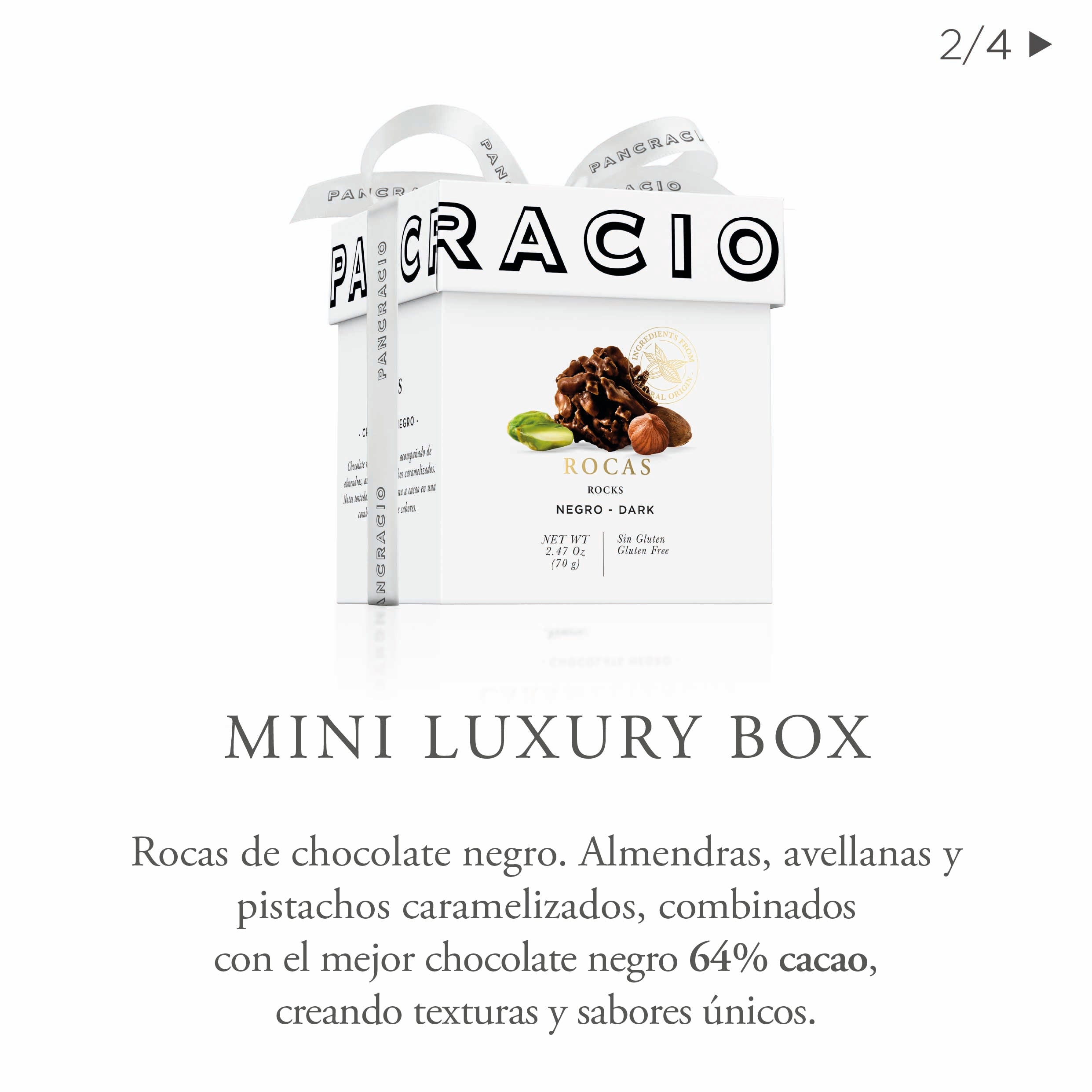 Una caja mini luxury box de chocolates Pancracio, junto a una descripción