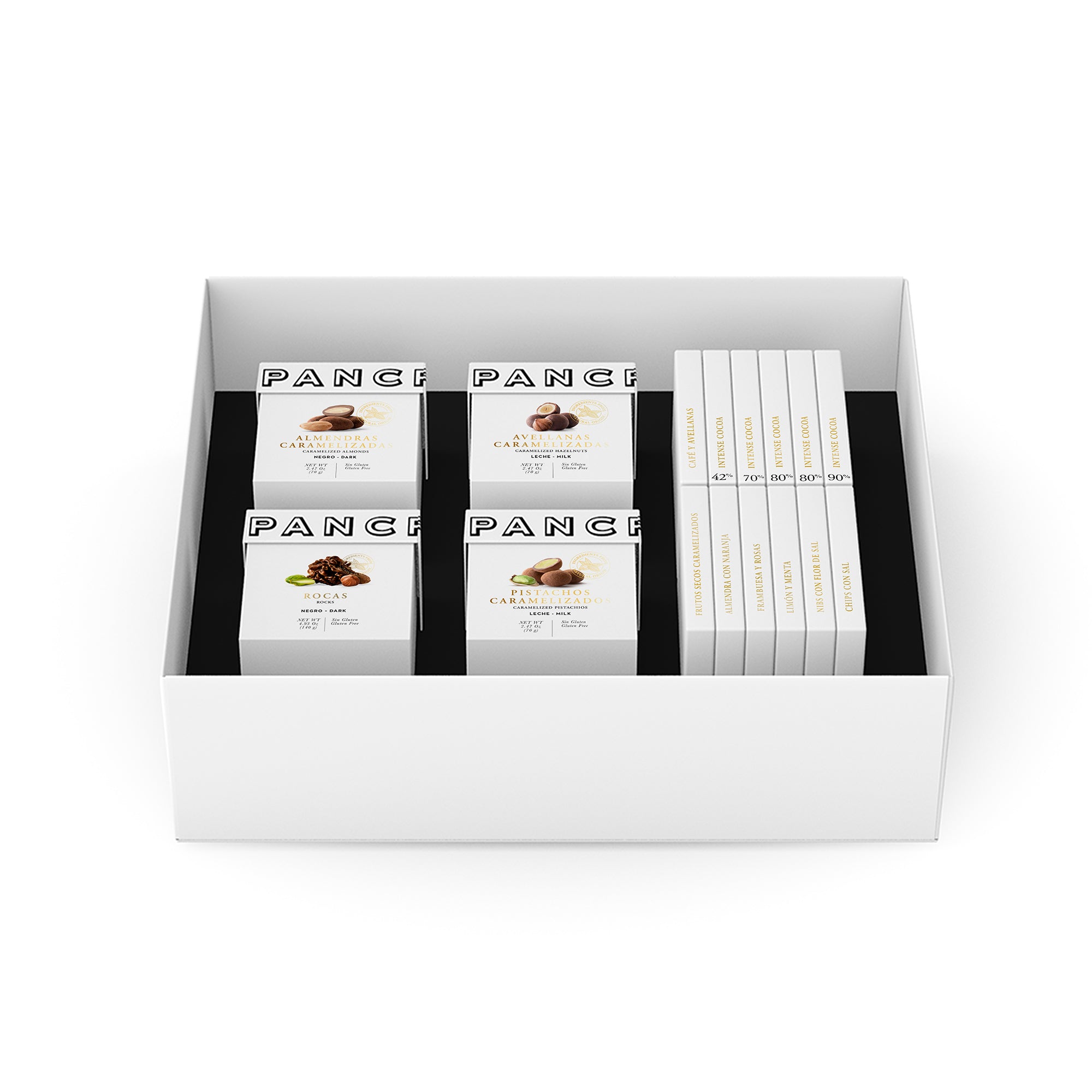 Caja regalo abierta, con cuatro cajas pequeñas de bombones y doce mini tabletas de distintos sabores.